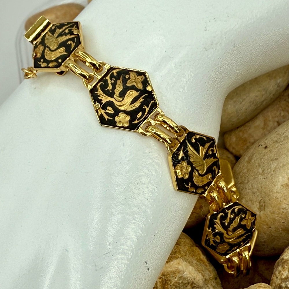Vintage Toledo Damascene Spain Bird Floral Gold Black Bracelet 7.75”–8” - Picture 6 of 17